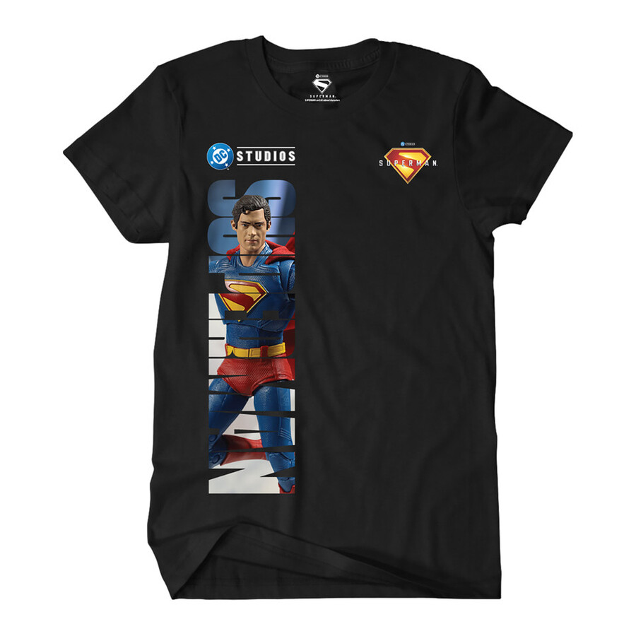 superman movie dc studios vertical letters t-shirt black